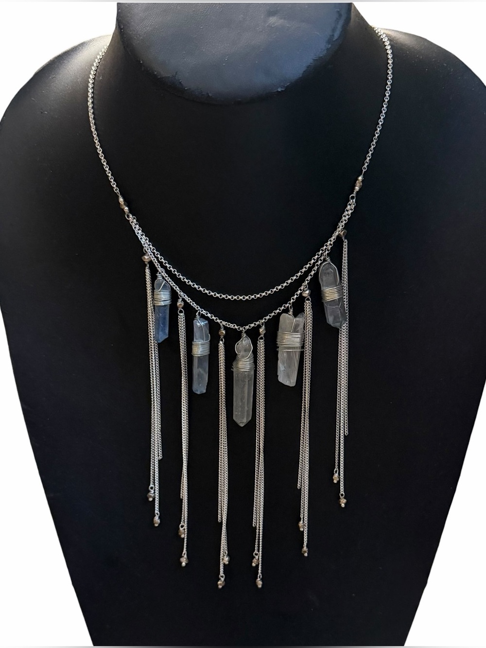 Nakamol -Fringe / Bib Necklace w/ Wire-Wrapped Raw Quartz Crystals